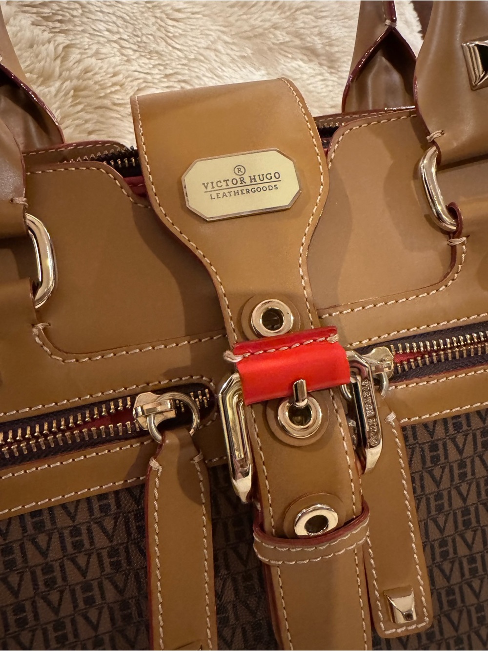 Tan and Brown Patterned Satchel Handbag with Red Accent - Picture 2 of 4